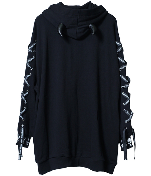 LACE UP SLEEVE DEVIL HORNS HOOD ޯ ߰ 