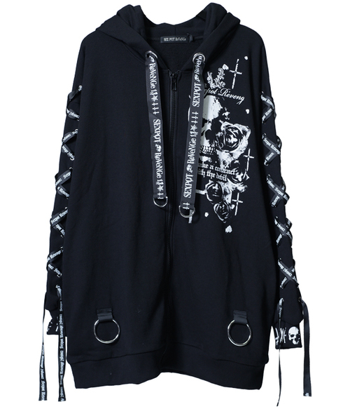 LACE UP SLEEVE RABBIT EARS HOOD ޯ ߰ 
