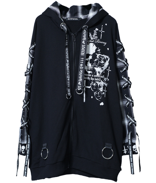 LACE UP SLEEVE RABBIT EARS HOOD ޯ ߰ {