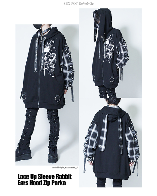 LACE UP SLEEVE RABBIT EARS HOOD ޯ ߰ {