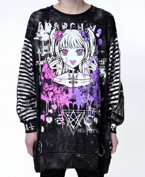 Grunge Zip Sleeve Border Punkish Cutsew Anarchy!! ��+�����ް�ް/��+��ݸ�`�������/��