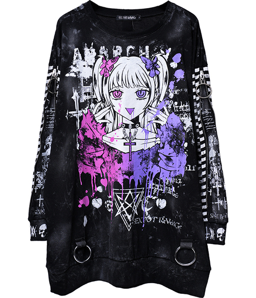 Grunge Zip Sleeve Border Punkish Cutsew Anarchy!! ��+�����ް�ް/��+��ݸ�`�������/��