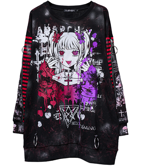 Grunge Zip Sleeve Border Punkish Cutsew Anarchy!! ��+�ԍ��ް�ް/��+�ԁ`�������/��